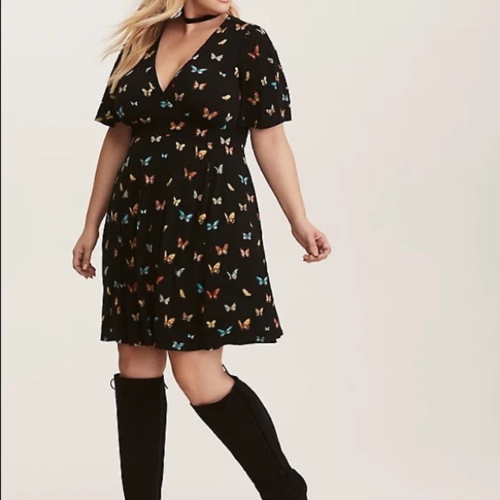 Torrid v-neck black butterfly dress